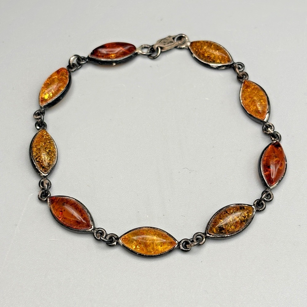 Vintage Baltic Amber Sterling Silver Bracelet Multi Color Estate 8.25" Poland